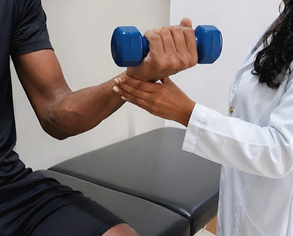 Fisioterapeuta realizando atendimento ortopédico no joelho